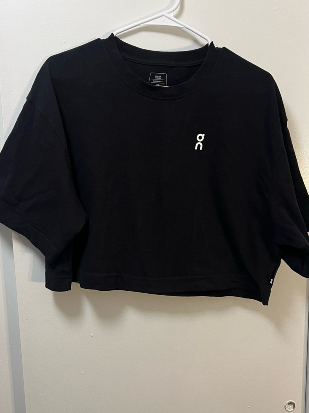 On Running Black Cropped Tee with White Logo